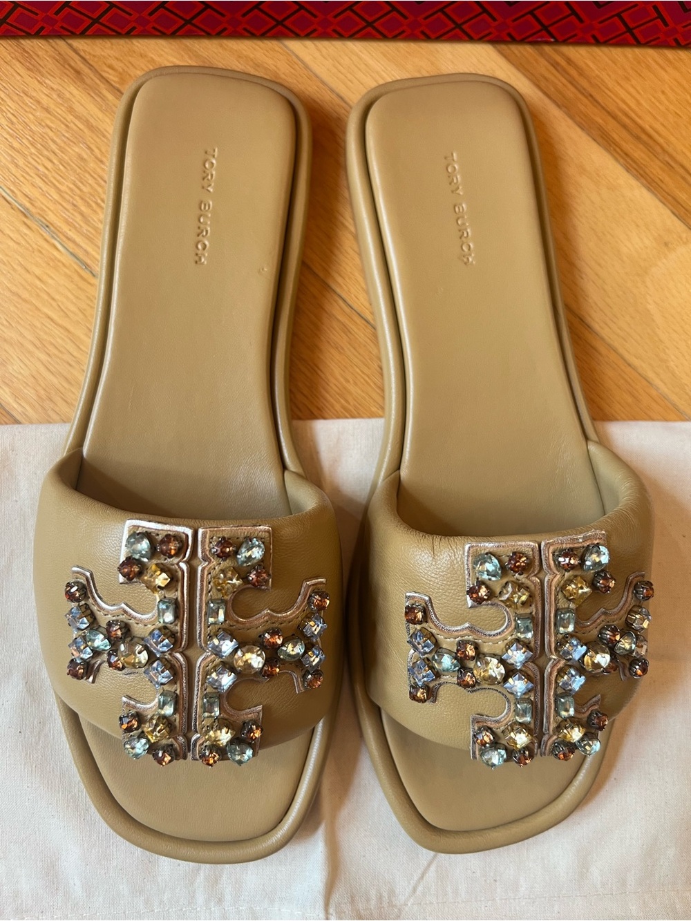 Tory Burch Ginger Shortbread Tan Crystal Double T Leather Sport Slide Sandals - Picture 5 of 11